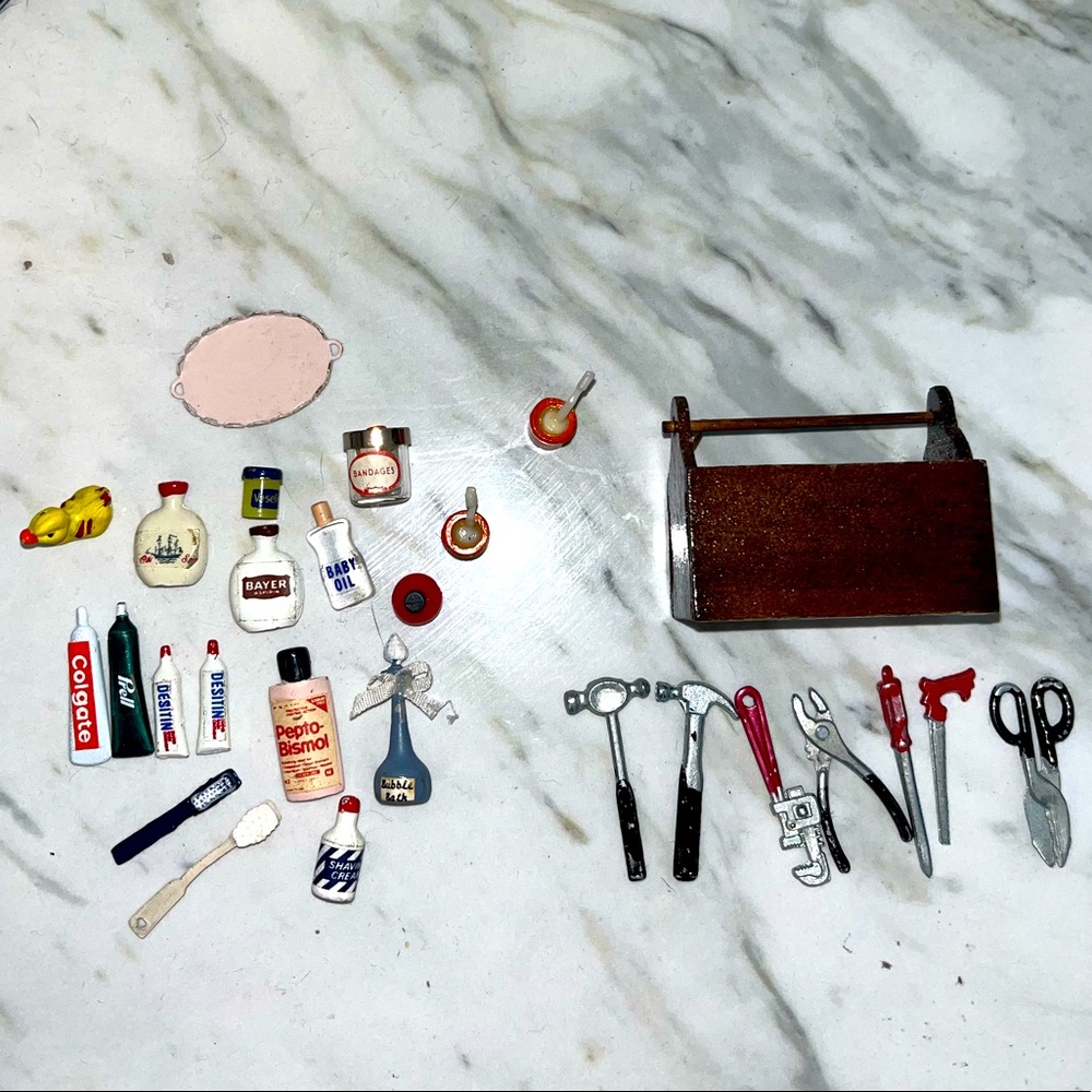 Vintage Dollhouse Toolbox and Toiletries Set